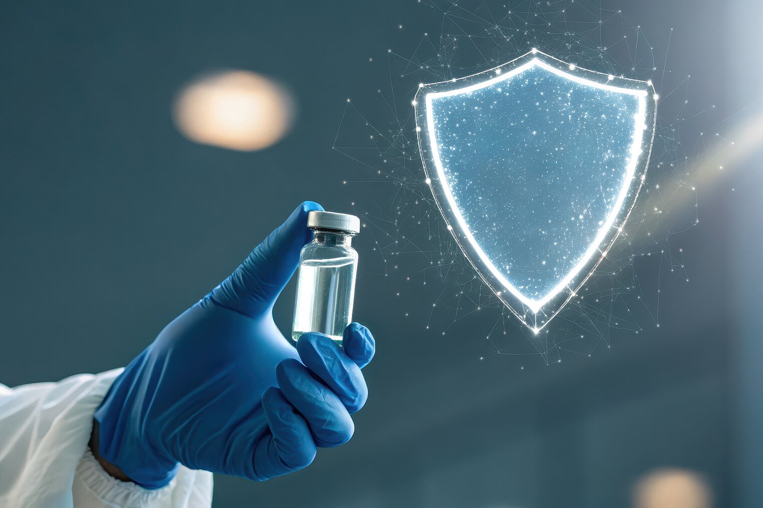 Medical professional holding a vaccine vial with a protective shield graphic